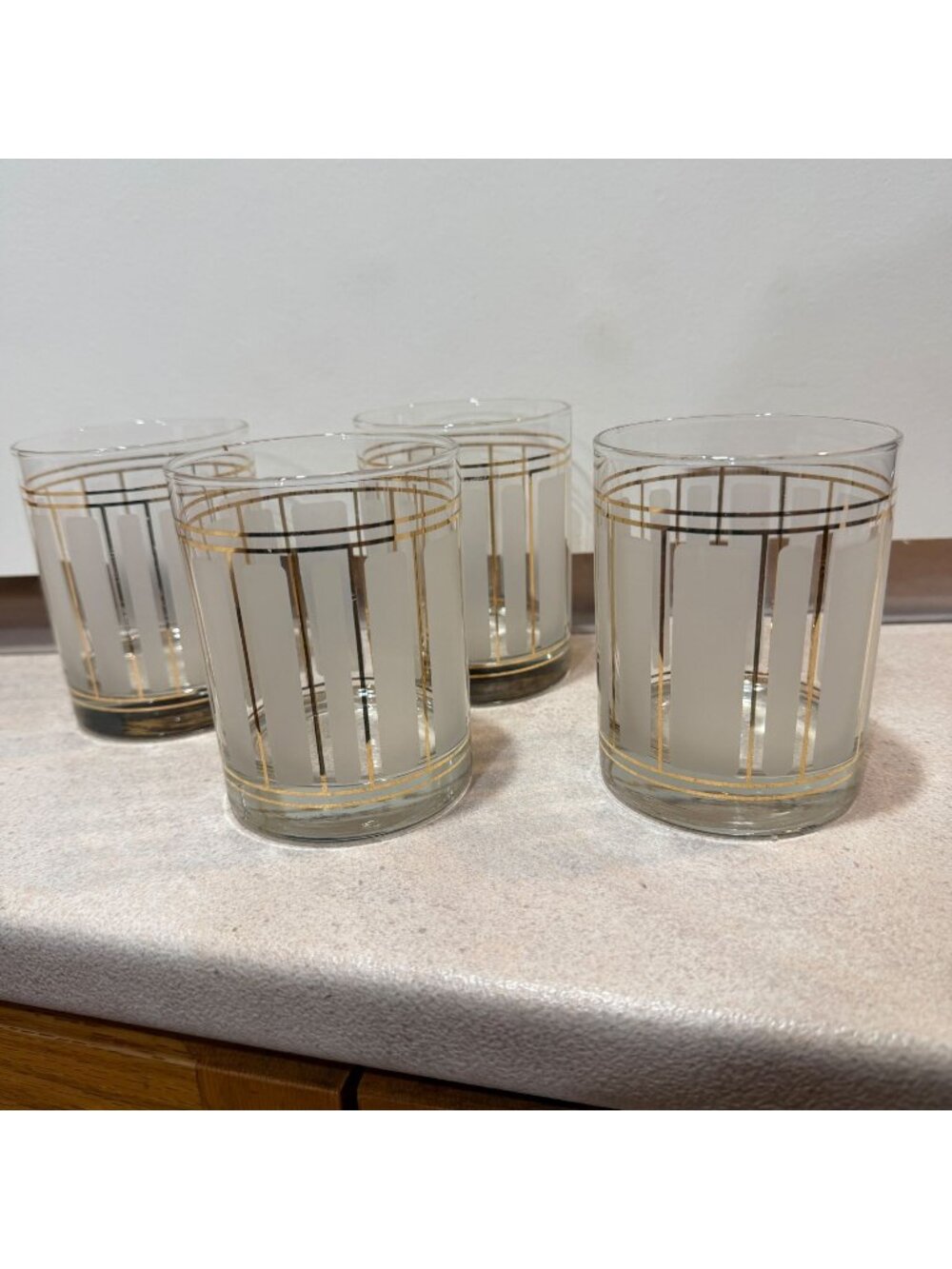 Vintage Culver ServeMates 4 Lowball Glasses 12oz Frosted Panel Gold Stripe 1960